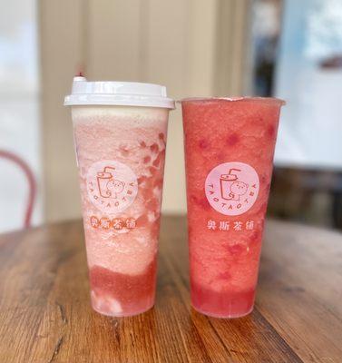 Sexy pink lychee drink, watermelon slush drink with strawberry popping boba added