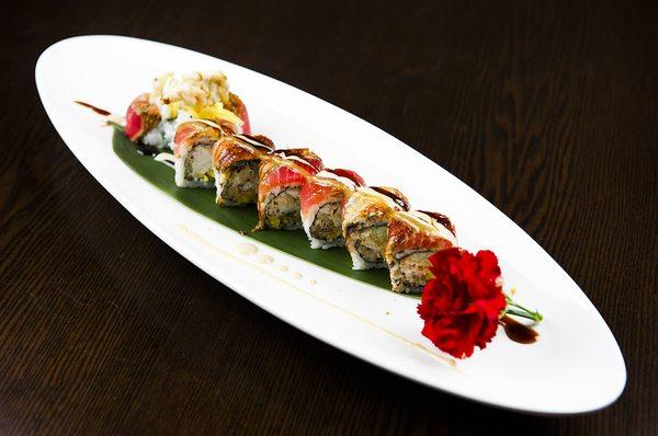 Spider King Roll    Soft shell crab tempura,mango,basil leaf,cucumber,topped with pepper tuna,eel and special sauce