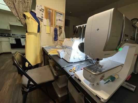 Skirt and overskirt are sewn together. And, my Brother 1034 DX Serger, as well as a crazy sewing area.