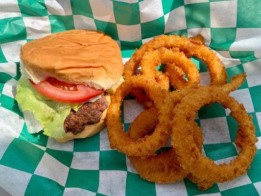 My cheeseburger and onion rings were hot and fresh off the grill.