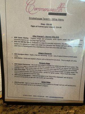 Menu of wine flight sekections