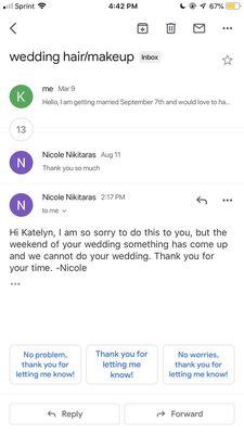 Nicole cancelled on me 12 days before my wedding and refuses to give my money back. Here is the proof.