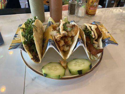 Fish taco, shrimp taco, beef taco