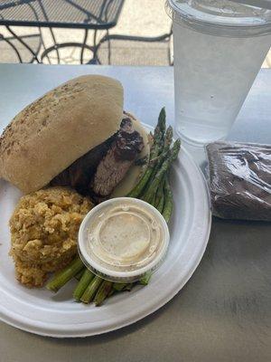 Steak Sandwich, corn casserole, asparagus, brownie