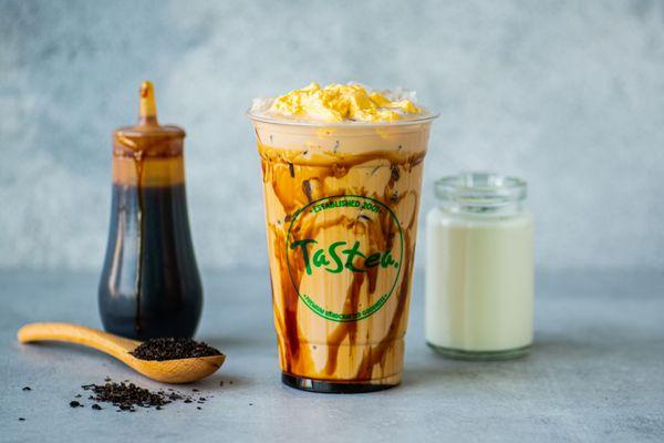 Tiger Milk Tea: brown sugar milk tea with creme brulee