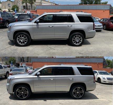 Before and after: The original chrome Denali wheels were replaced with the factory GM CK160 black and machined 22".