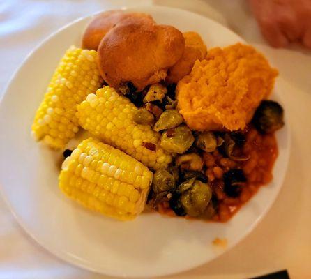 Wurlitzer Events Wild West BBQ Dinner Series Corn Bread, Bacon Brussel Sprouts, Corn, Fat Back Baked Beans and Garlic Mashed Sweet Potatoes