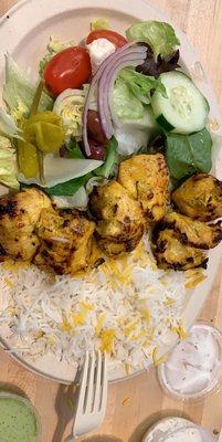 Chicken Kabob served with rice and salad