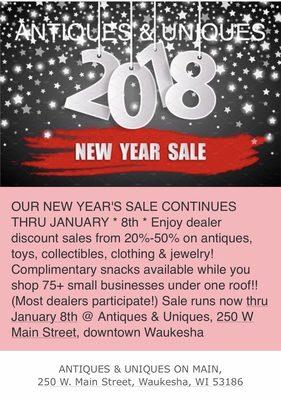 OUR SALE GOES THRU JANUARY * 8th * Enjoy discount sales from 20%-50% on antiques, toys, collectibles & jewelry!  Most dealers participate!