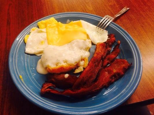 Biscuits, gravy, bacon, eggs, and cheese. So great to fuel me for the day.