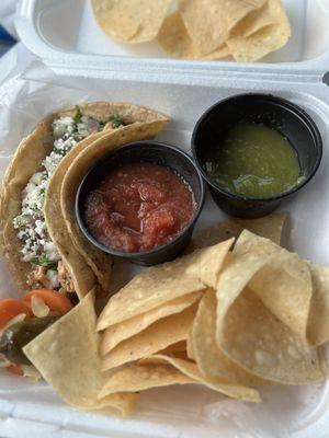 Chicken Taco togo with chips and salsa