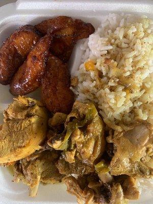 Curry Goat w/ Rice & Peas, Steamed Vegetables