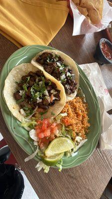 Carne Asada Tacos and a side of rice