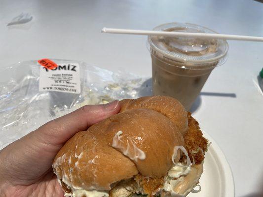 Japanese-style Fried Chicken sandwich & Iced Cafe Au Lait