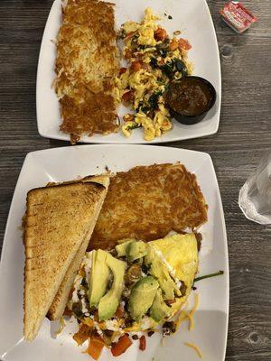 Egg scrambles (top surfer and bottom kitchen sink) with hash browns and sourdough toast.