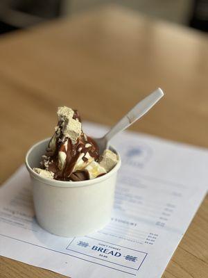 Frozen yogurt swirl with chocolate tahini magic shell and vanilla halva & honey