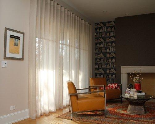 Custom drapery with our bookcase wallpaper