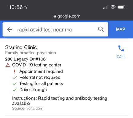 Results when googled rapid testing for COVID.