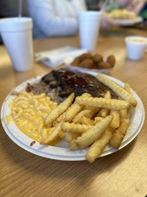 Pulled pork. Fries. Hush puppies. Mac n cheese