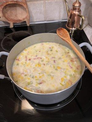 Homemade Crab, bacon & corn chowder.