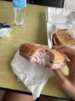 Blueberry bagel with I think it was honey nut cream cheese