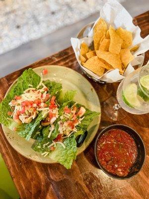 Shrimp Lettuce Wrap Tacos & Topo Chico