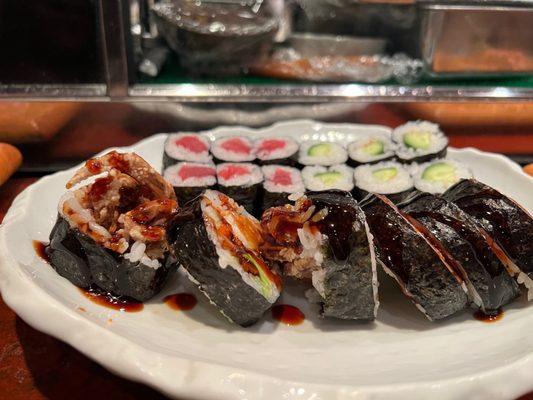 Spider roll, tuna roll, and cucumber roll.