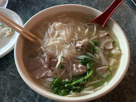 Beef pho with "extra 5$ beef". Very good broth. As with everyone else complaint. Extremely lacking in beef.