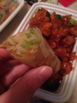 Spring roll (perfectly done and DELICIOUS) with General Tso's chicken.