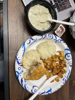 Biscuit and Gravy, Moon Dusted Potatoes, and Sausage Biscuit