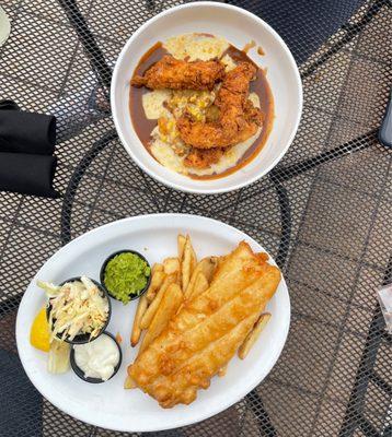 British English Fish 'n' Chips and Fried Chicken with Mash and Corn!!!