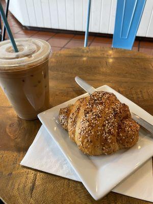 iced almond milk latte ham and cheese croissant