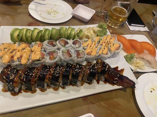 Yellow Tail Salmon Spicy Tuna Roll Whole Dragon Roll