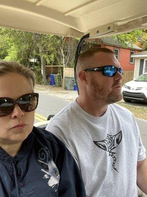 Pulling out of Folly Beach Golf Cart Rentals! He won I didn't get to drive lol