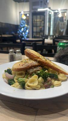 Pasta with Italian sausage and broccolini.