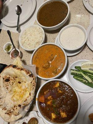 Dal Makhani, paneer, Malai Kofta, Aloo Naan, Naan Bread, Raita Yogurt, Rice Pilau