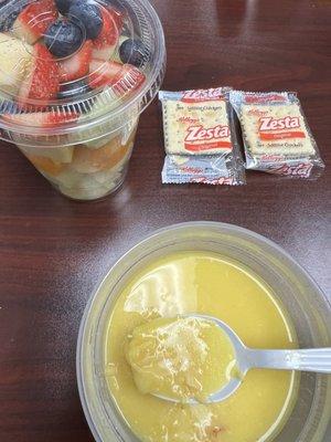 Cream of turkey soup & fresh fruit salad