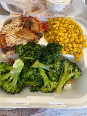 Steamed Broccoli , Eggplant and Potato Parmesan , Corn