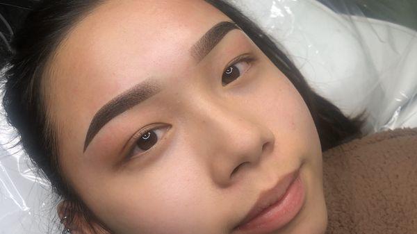 first session; immediately after. brows will appear more natural once healed in ~ 10 days