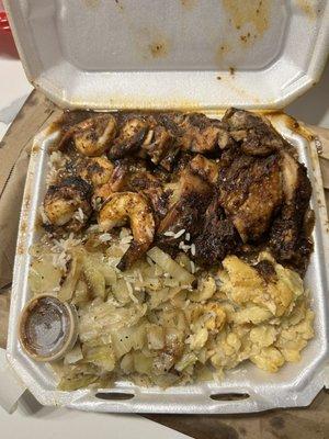 Jerk chicken and jerk shrimp combination platter.