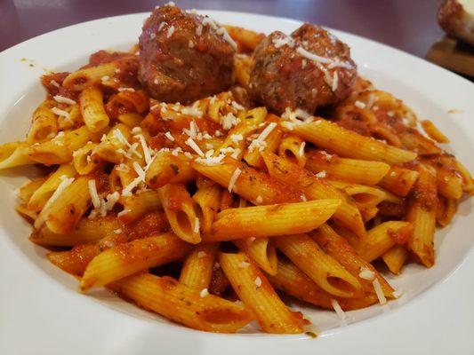 Ziti, meatballs, marinara sauce.