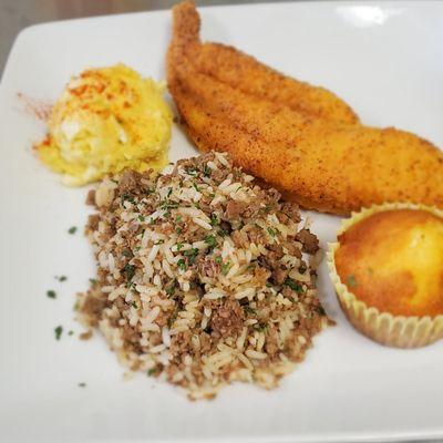 Dirty Rice, Potato Salad, Cornbread and Fried Fish.