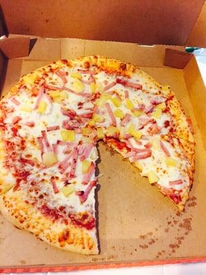 Hawaiian "Hula" Pizza. Really cheesy!