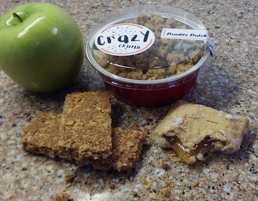 apple cake with dollop of scratch-made granny smith apple compote & topped w/honey-oat crumb