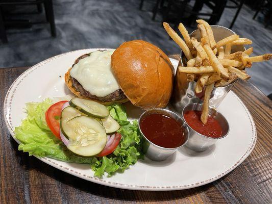 House wagyu burger. With house made BBQ sauce and fries. Gluten free option is available.