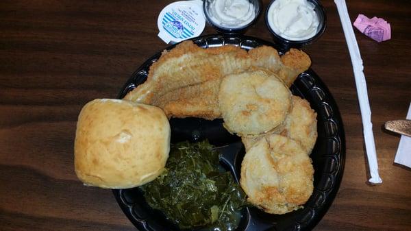 Fried Catfish with Collard Greens, Fried Green Tomatoes and Roll