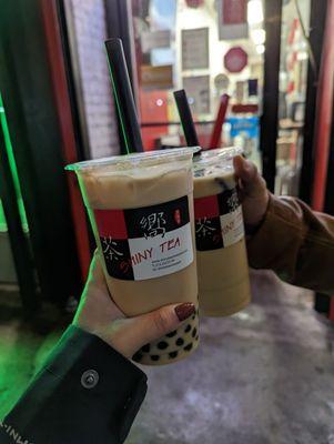 Brown sugar boba milk tea and jasmine green tea with herbal jelly