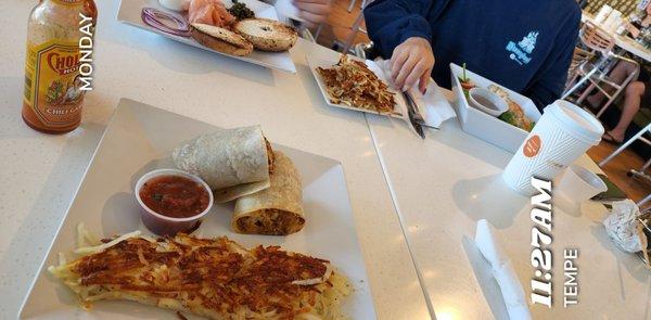 Costa Burrito, chicken salad and salmon bagel