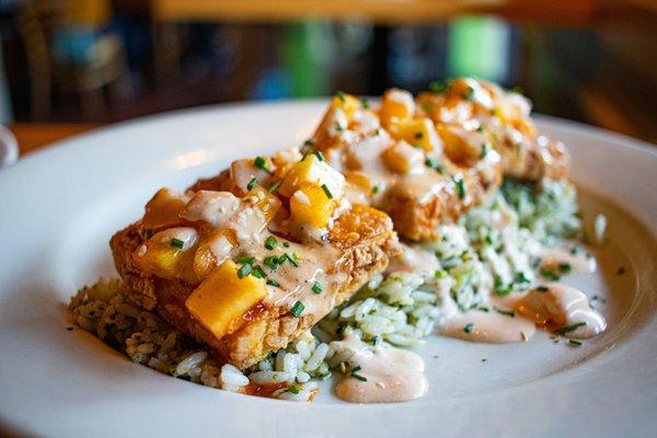 Korean Fried Tofu  Extra-Firm tofu, pineapple kimchi, green rice, chipotle yuzu aioli