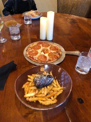 Gluten free pepperoni pizza & steak and fries